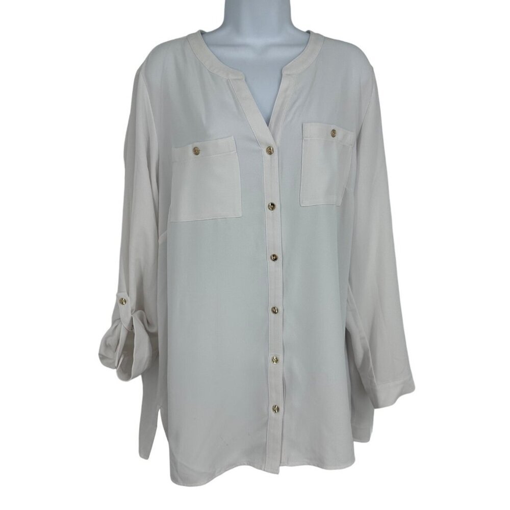 Susan‎ Graver Women’s White Roll Tab Sleeve Button Down Blouse Size 18W